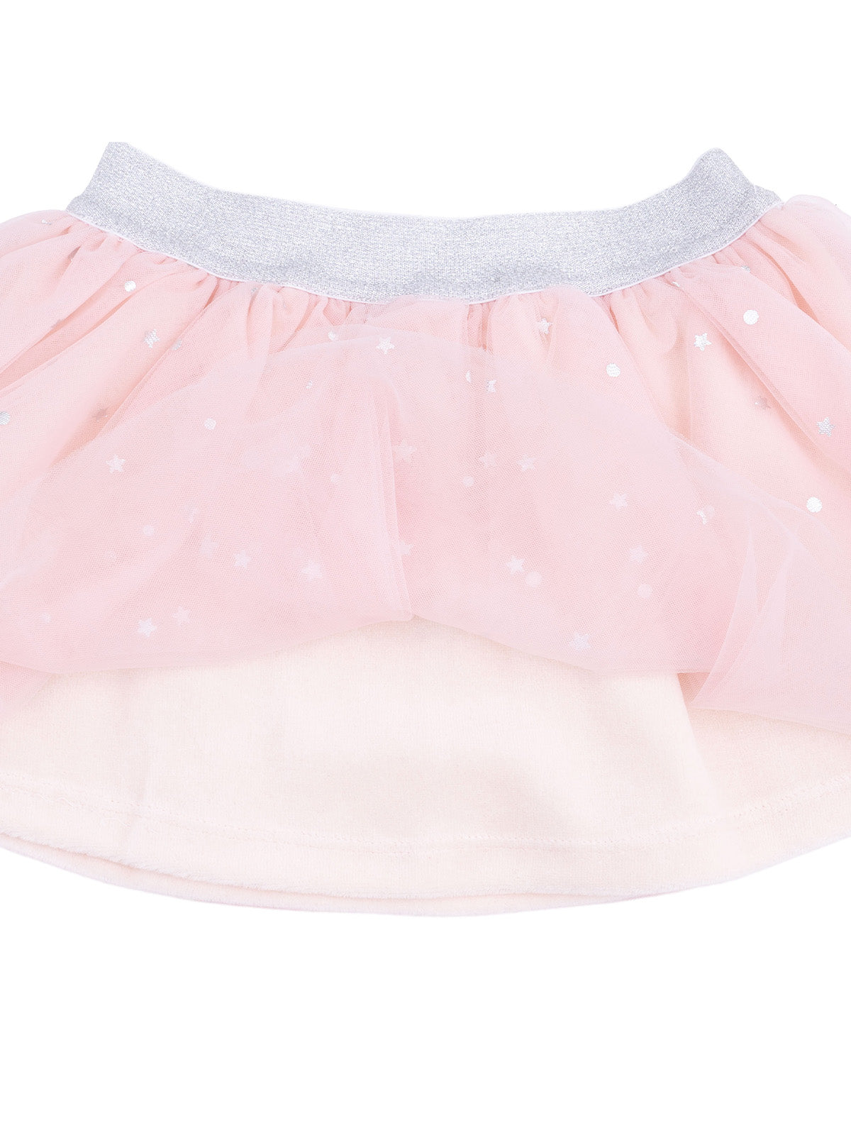 Pink tulle skirt with silver waistband and star patterns, perfect for a playful and whimsical look.