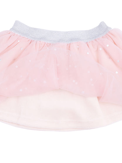 Pink tulle skirt with silver waistband and star patterns, perfect for a playful and whimsical look.