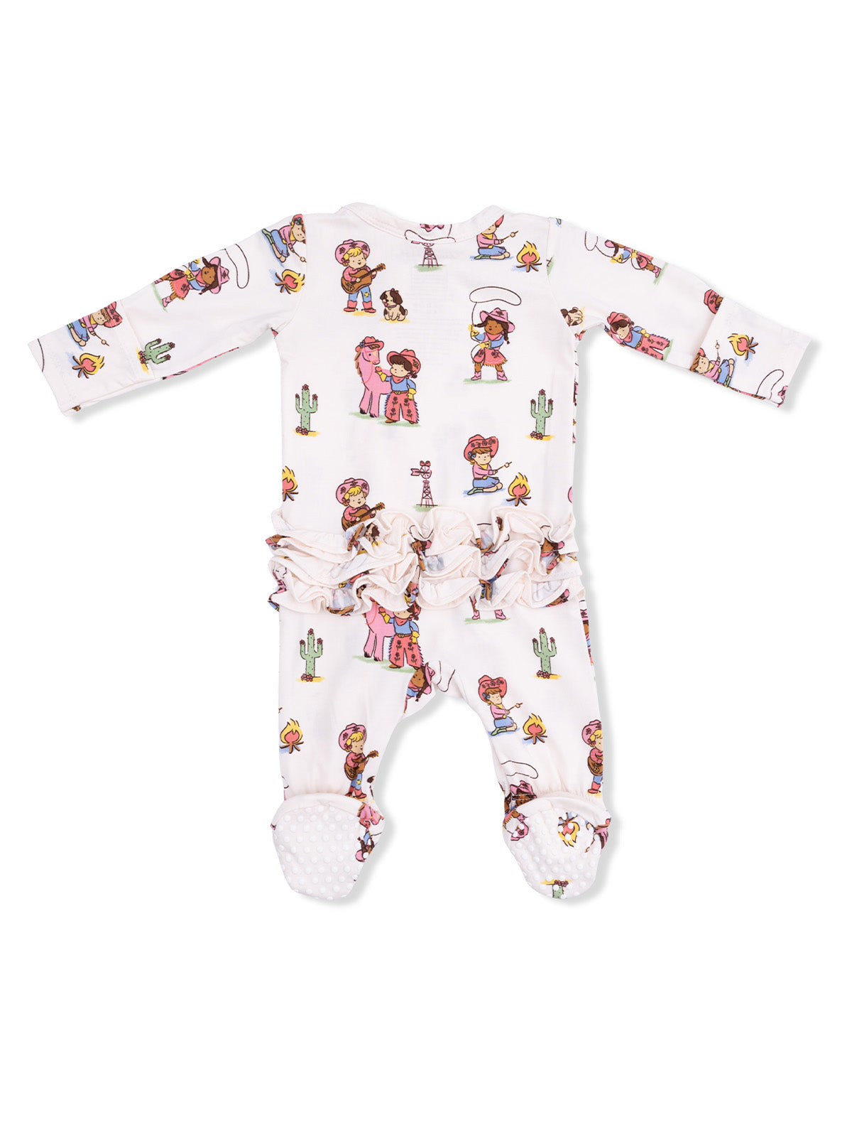 White onesie with colorful cartoon prints of children, cacti, and playful scenes, featuring ruffled detailing.