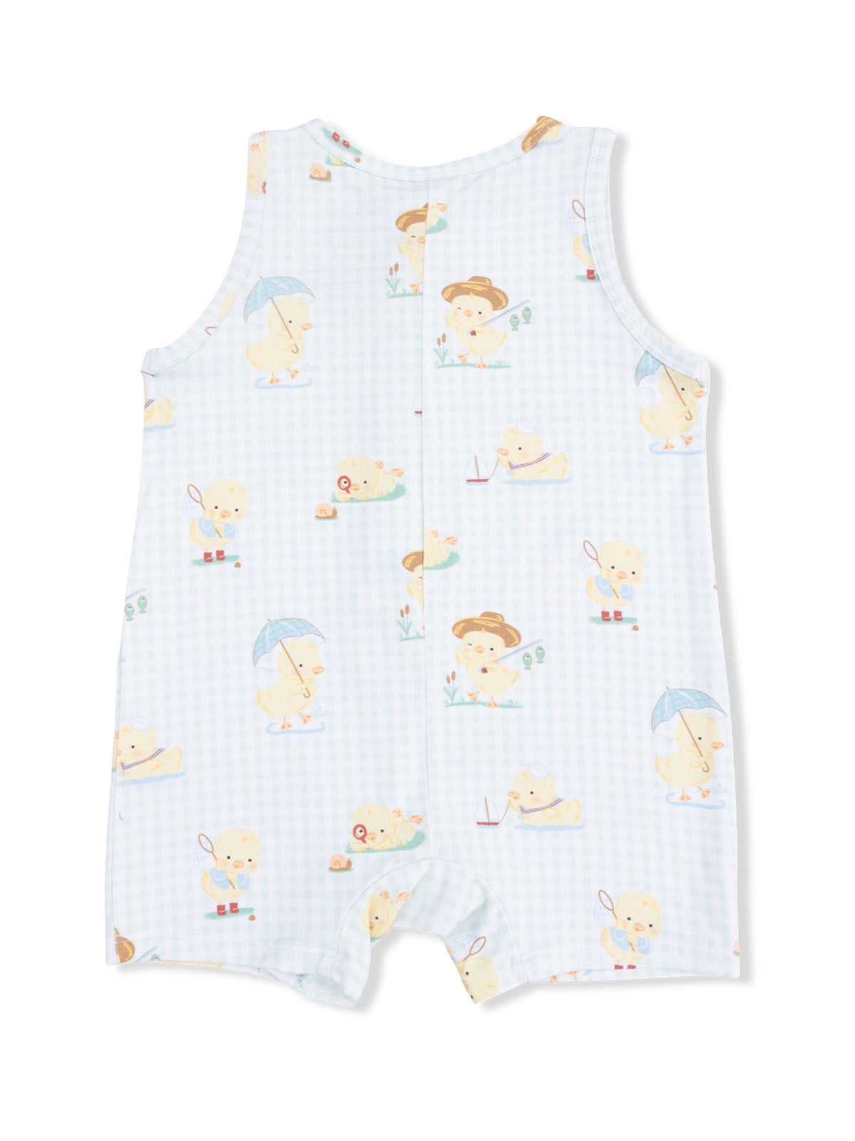 Light blue baby romper with playful duck and nature illustrations on a checkered background.
