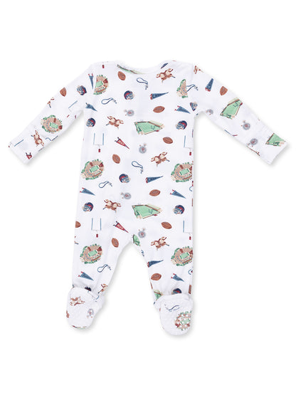 White baby onesie featuring sports-themed prints including footballs and pennants, with footed design and long sleeves.