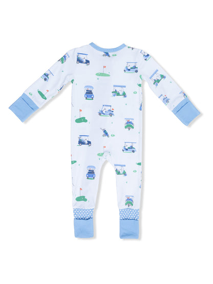 Blue golf-themed baby onesie with long sleeves and polka dot cuffs, featuring golf carts and flags design.