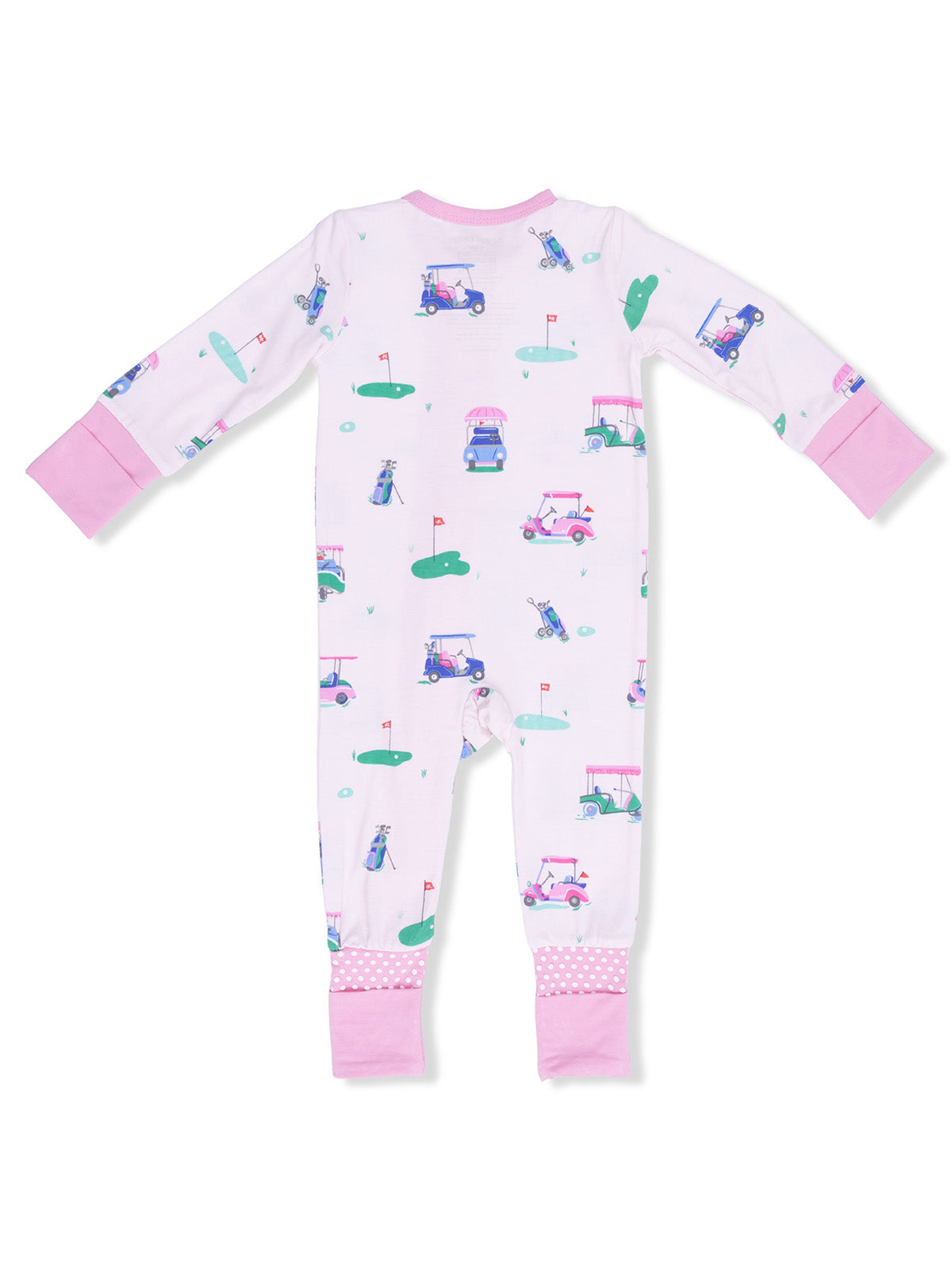 Child's pink golf-themed onesie with playful illustrations of golf carts and accessories.