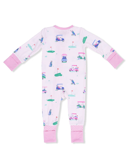 Child's pink golf-themed onesie with playful illustrations of golf carts and accessories.