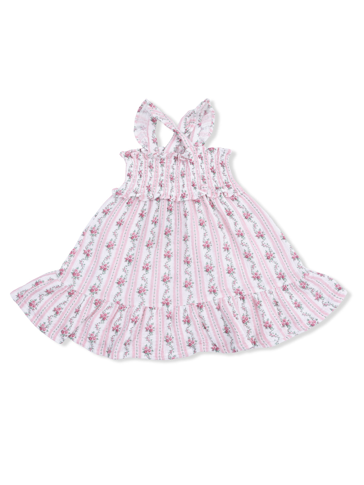 Floral girls' dress with ruffled straps and a tiered skirt, featuring pink and white stripes.