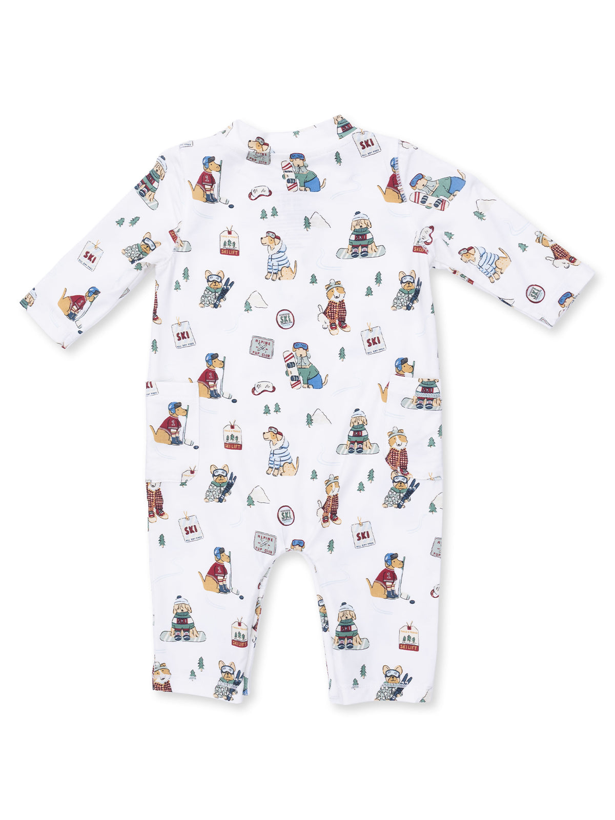 White baby onesie with playful dog illustrations engaging in winter activities like skiing and snowball fighting.