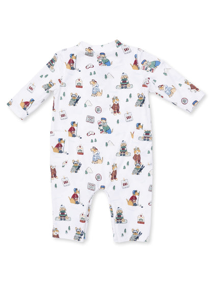White baby onesie with playful dog illustrations engaging in winter activities like skiing and snowball fighting.
