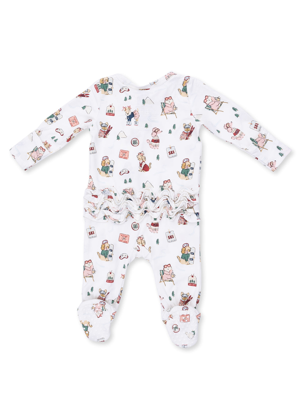 White baby onesie with playful outdoor-themed illustrations and ruffled back design.