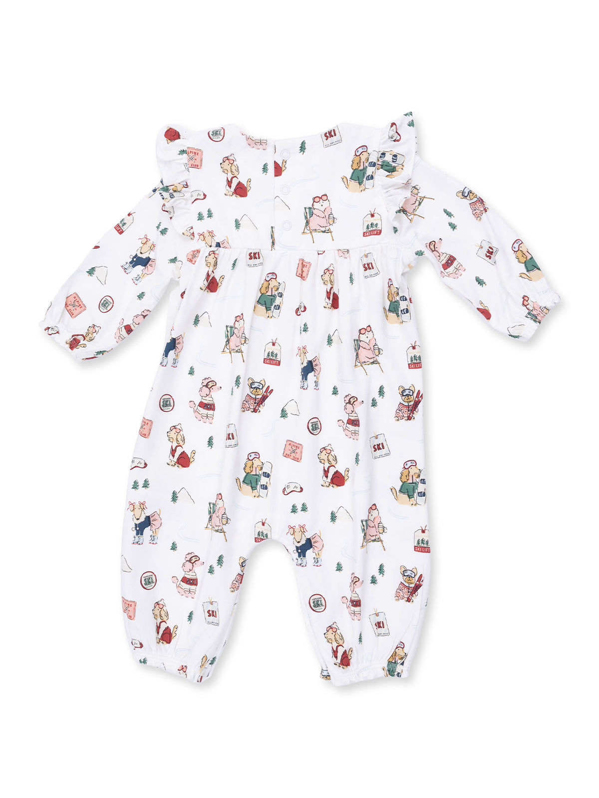 Children's white romper featuring playful pattern with skiing animals and colorful motifs. Suitable for casual wear.