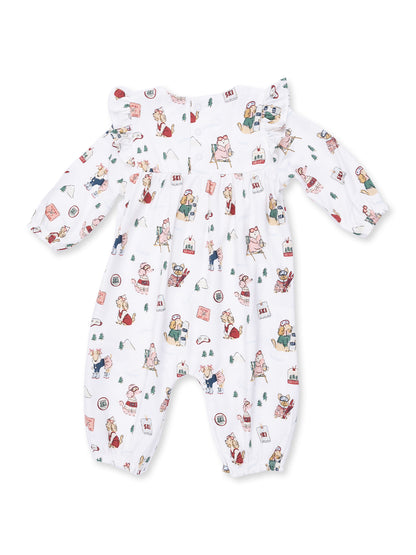 Children's white romper featuring playful pattern with skiing animals and colorful motifs. Suitable for casual wear.