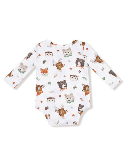White baby onesie with cute animal prints including a deer, bear, fox, owl, and other woodland creatures.