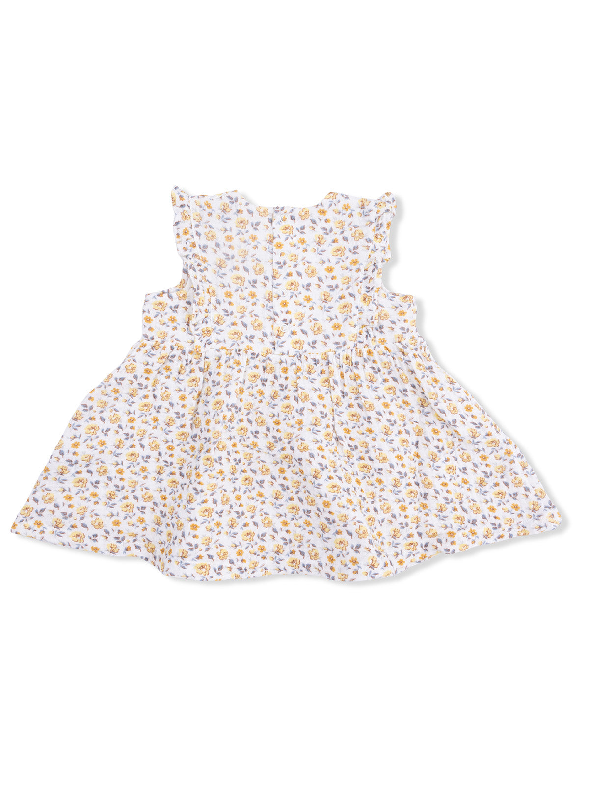 White dress with floral print, featuring ruffled sleeves and a flared skirt design.