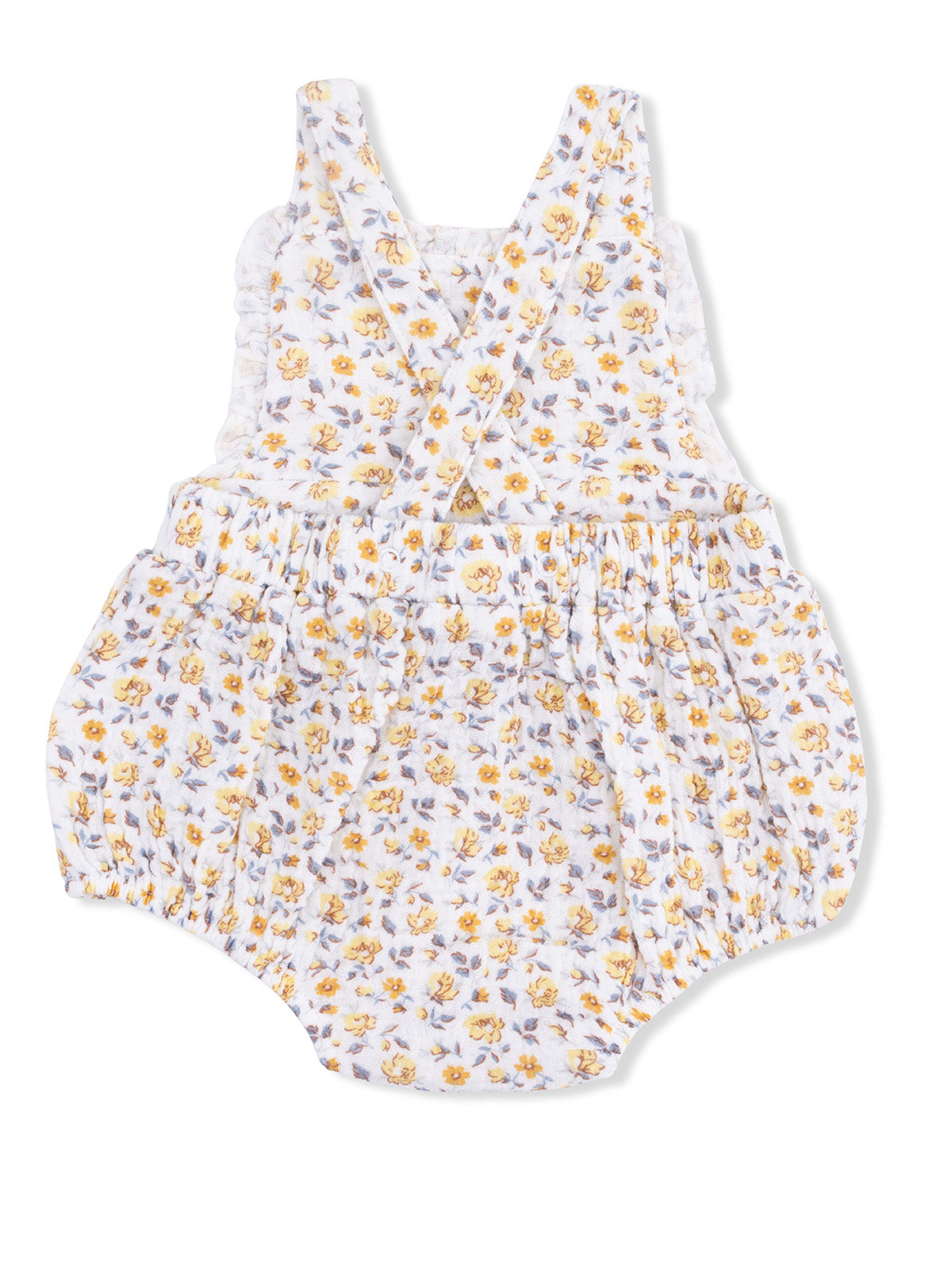Toddler romper with yellow floral pattern and ruffled straps, featuring elastic waistband for comfort.