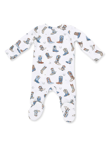 White baby onesie with colorful cowboy boots and horseshoe patterns. Ideal for a playful, country-themed outfit.