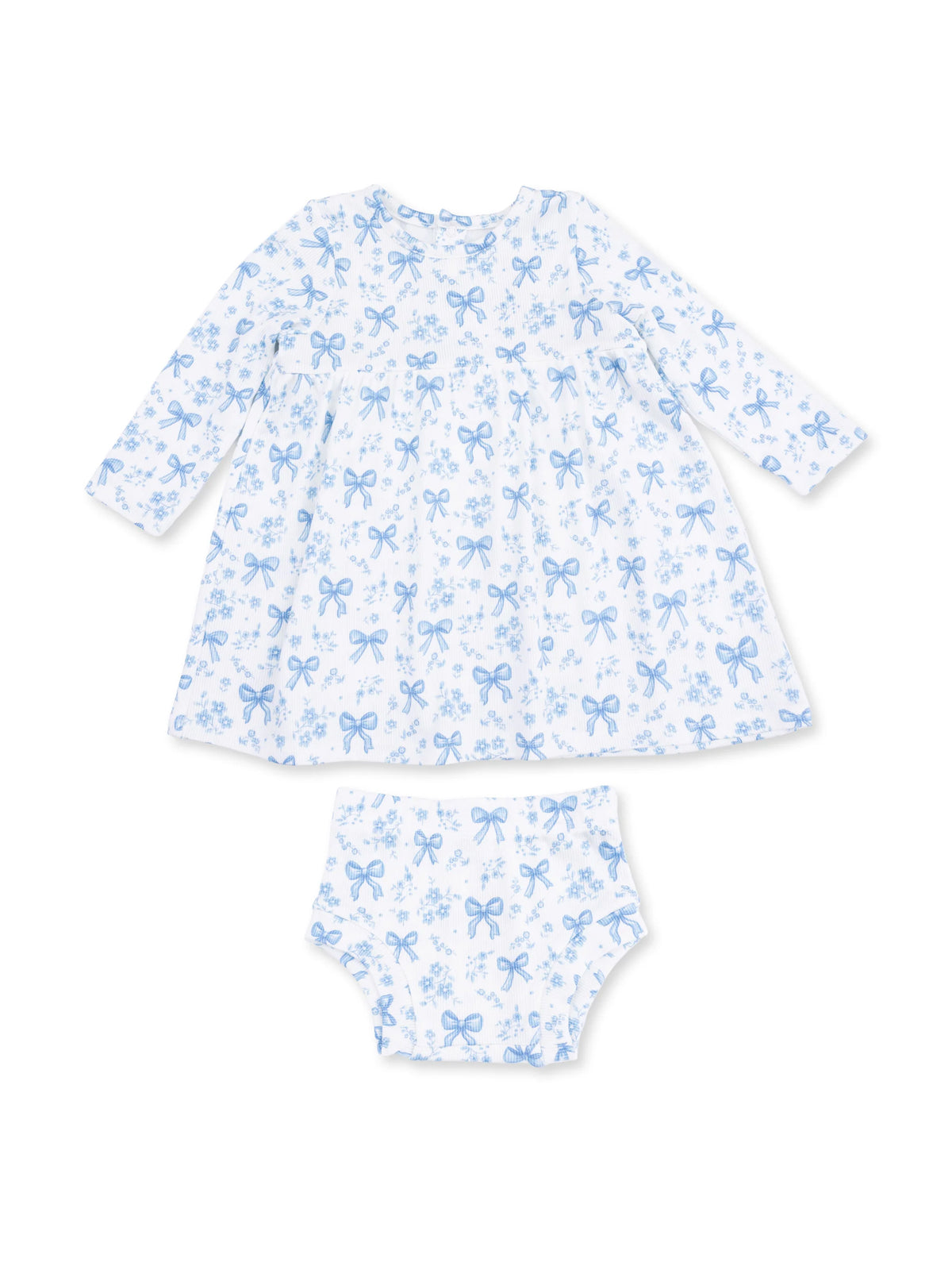Blue and white dress with long sleeves and matching bloomers, featuring a floral and bow pattern.