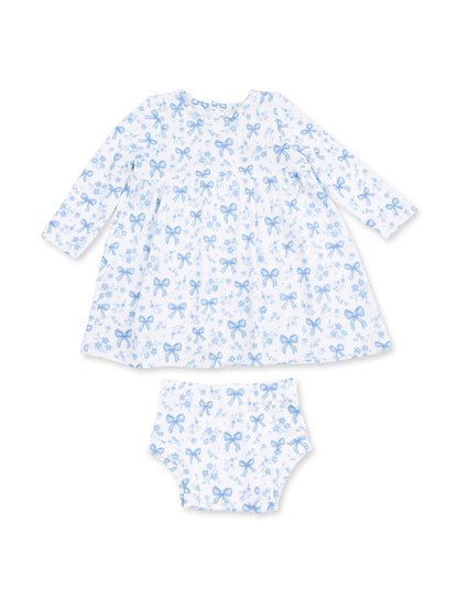 Blue and white dress with long sleeves and matching bloomers, featuring a floral and bow pattern.