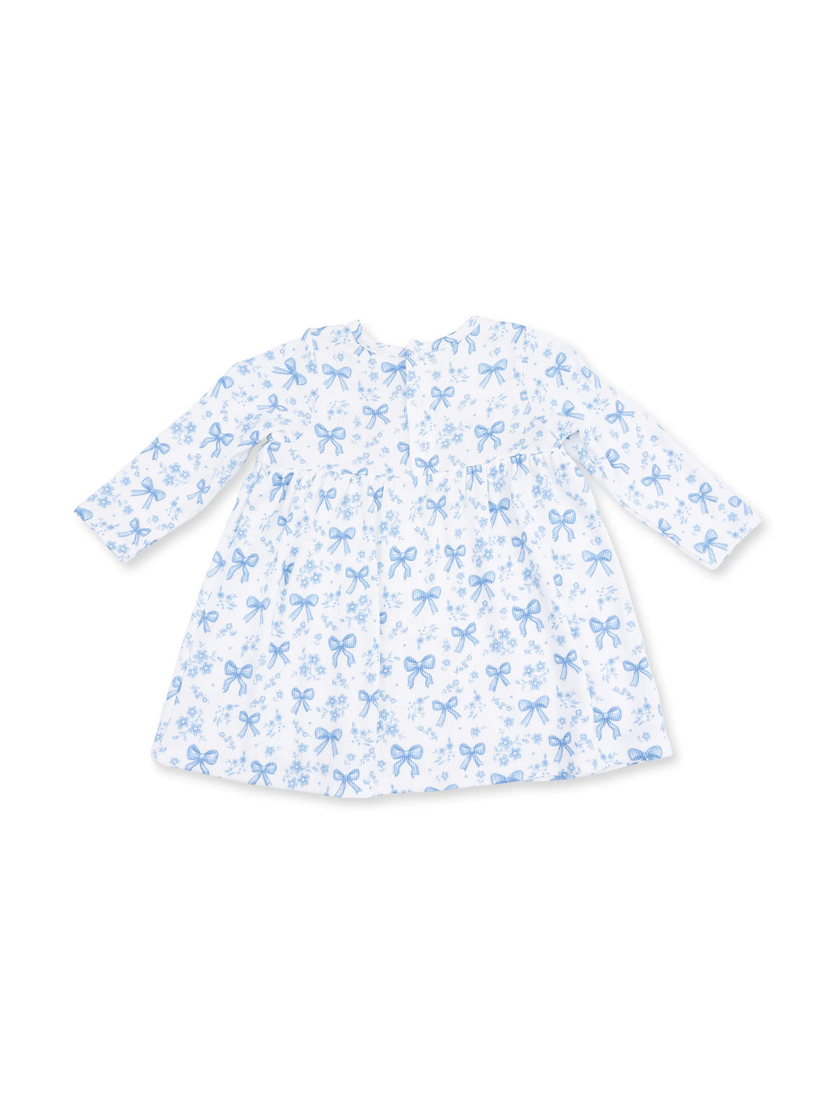 Long-sleeve baby dress in white with a blue bow print, featuring a gathered waist and round neckline.