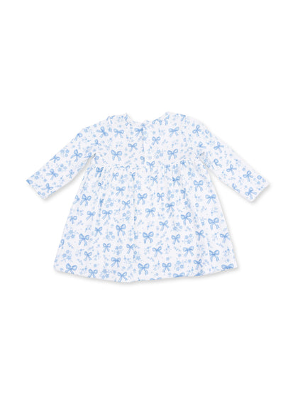 Long-sleeve baby dress in white with a blue bow print, featuring a gathered waist and round neckline.