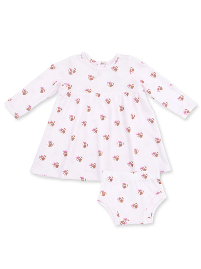 Cute baby dress and shorts set with a pink cupcake pattern on a white background. Perfect for playful occasions.