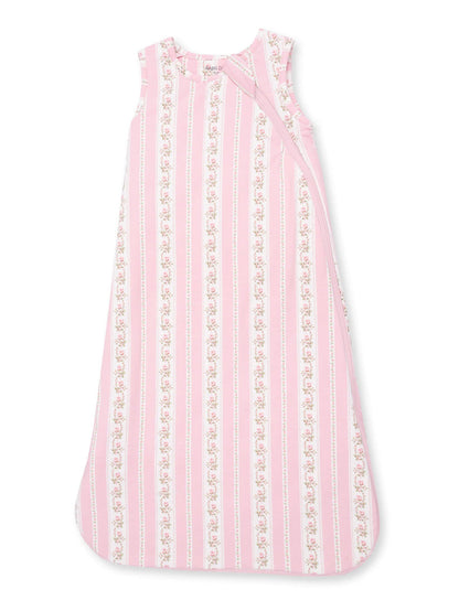Pink baby sleep sack with floral stripes, featuring gentle pastel colors and sleeveless design. Ideal for comfort and safety.