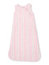 Pink baby sleep sack with floral stripes, featuring gentle pastel colors and sleeveless design. Ideal for comfort and safety.