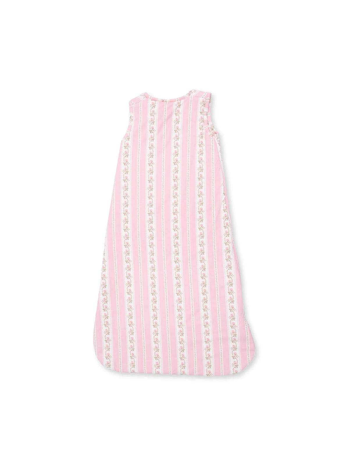 Pink sleeping bag with floral stripes, designed for infants and toddlers, featuring a sleeveless design.