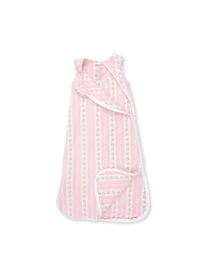 Pink striped baby sleep sack with floral trim and a side zipper for easy access. Ideal for cozy sleep.