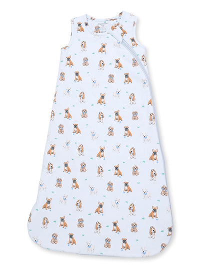 Light blue sleep sack featuring playful puppy illustrations in various poses on a soft fabric background.