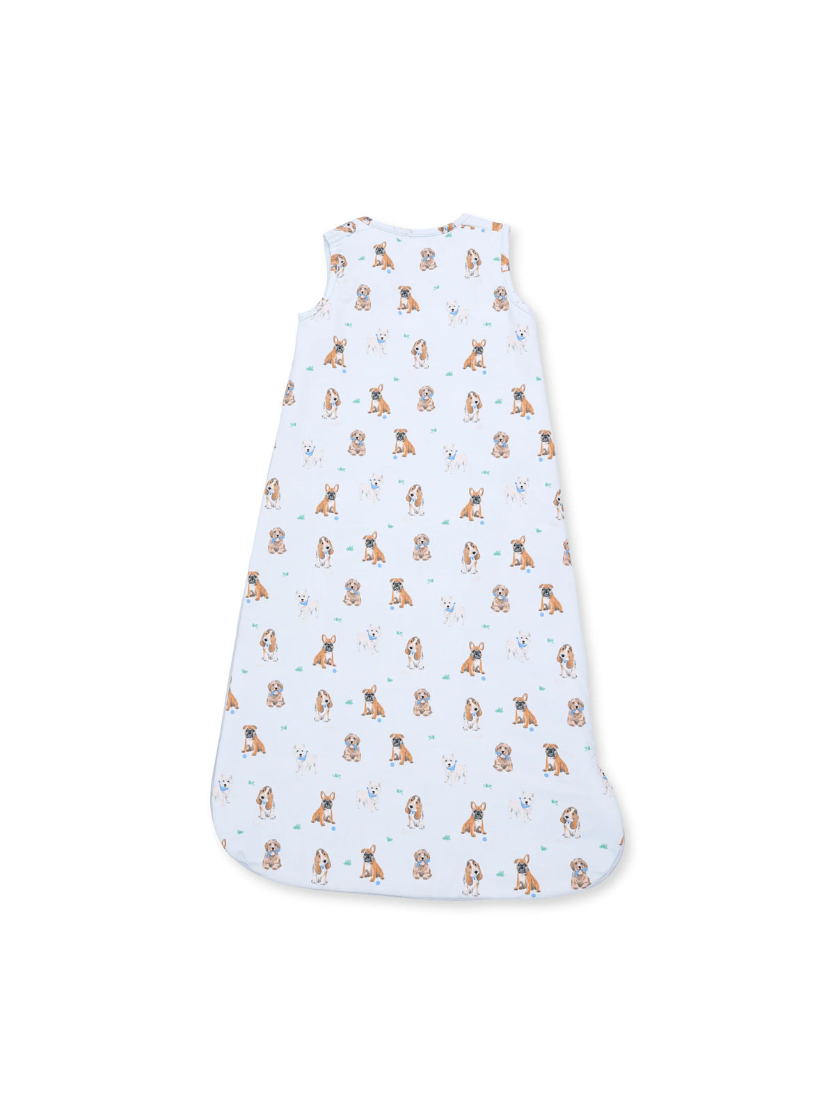 Infant sleep sack featuring a playful dog print on a light blue background, sleeveless design.