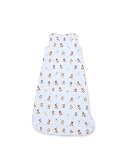 Infant sleep sack featuring a playful dog print on a light blue background, sleeveless design.