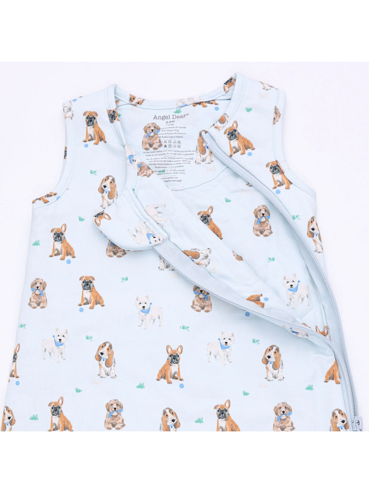 Light blue toddler sleep sack with playful dog prints and a front zipper by Angel Dear.