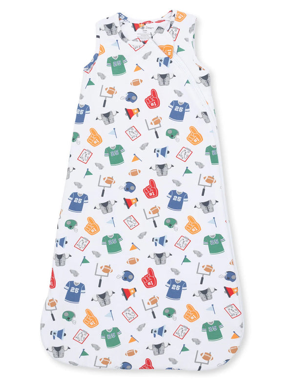 Children's sleeping sack featuring sports-themed graphics in various colors on a white background.