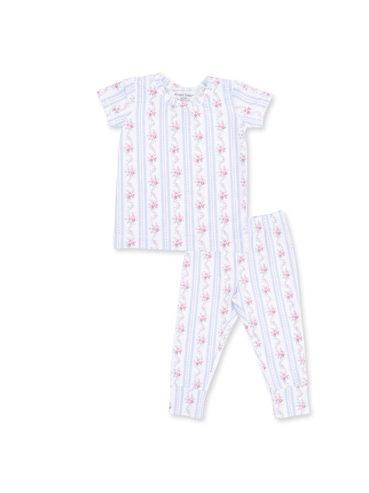 Light blue and white striped pajama set with floral patterns, featuring a short-sleeve top and long pants.