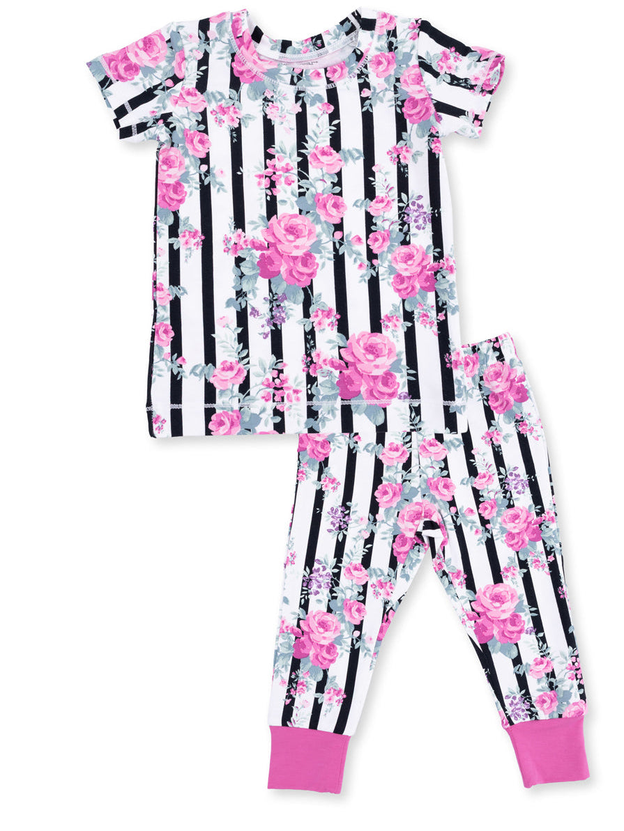 Short Sleeve Loungewear Set, Cabbage Rose Stripe