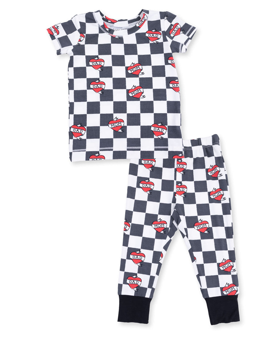 Short Sleeve Loungewear Set, Heart Tattoo Check Black