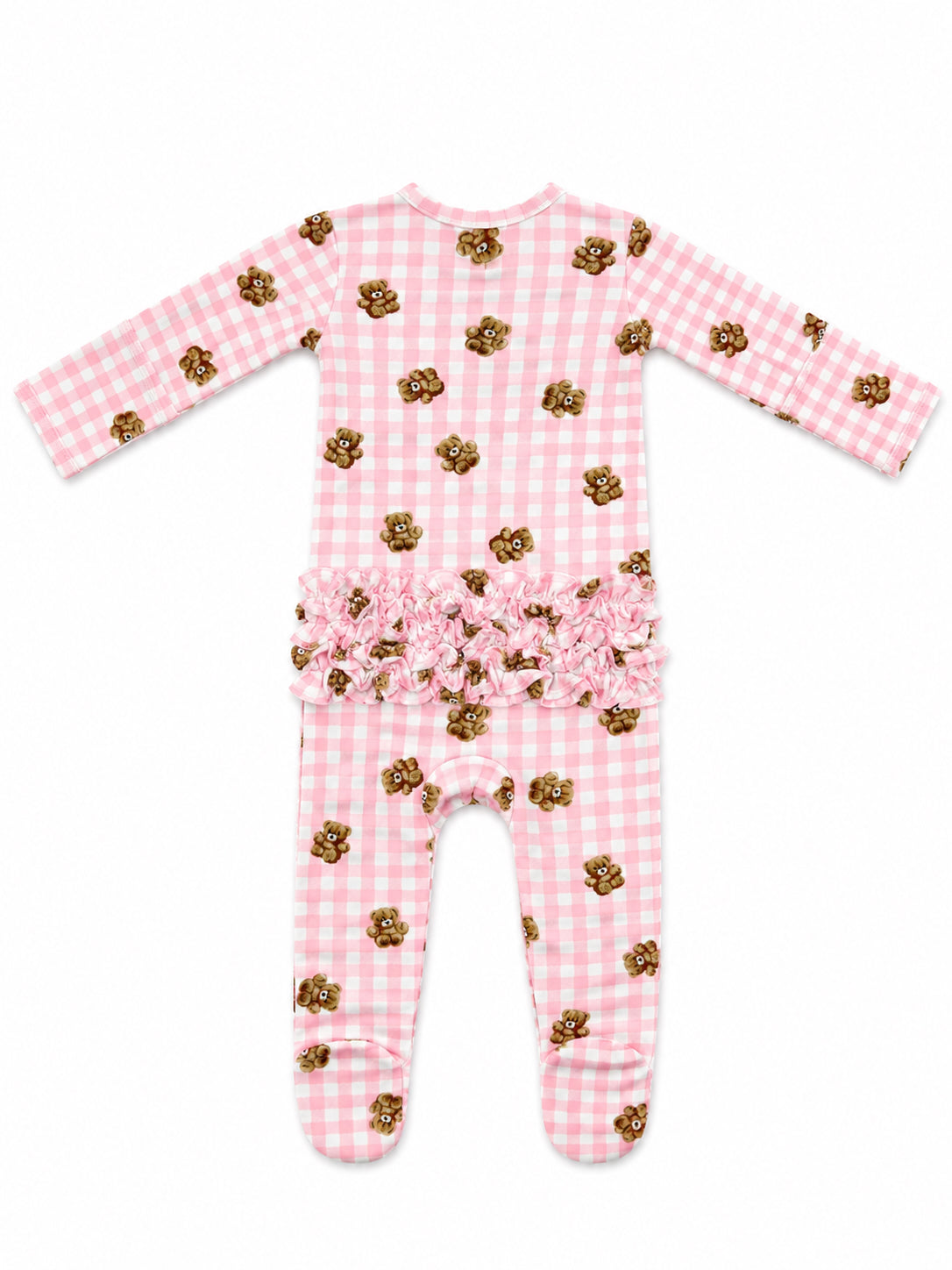 Pink checked onesie with teddy bear prints and floral ruffle detailing on the back. Perfect for children.