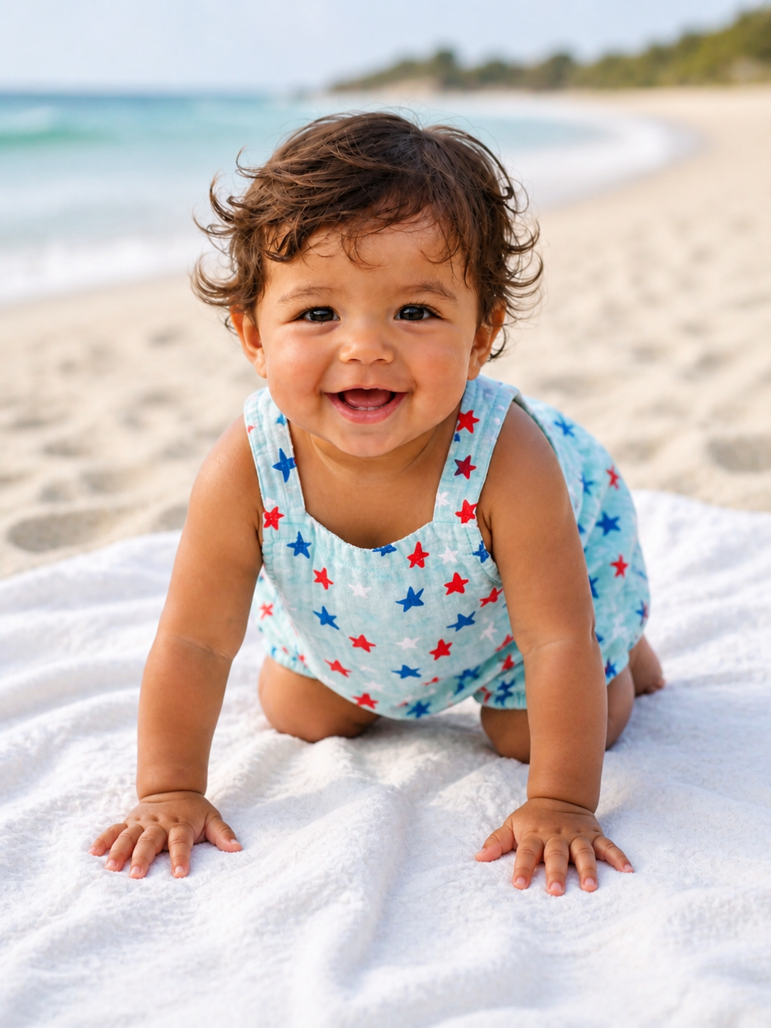 Smiling baby crawling on a beach towel by the ocean, wearing a star-patterned outfit. Soft sand and waves in background.