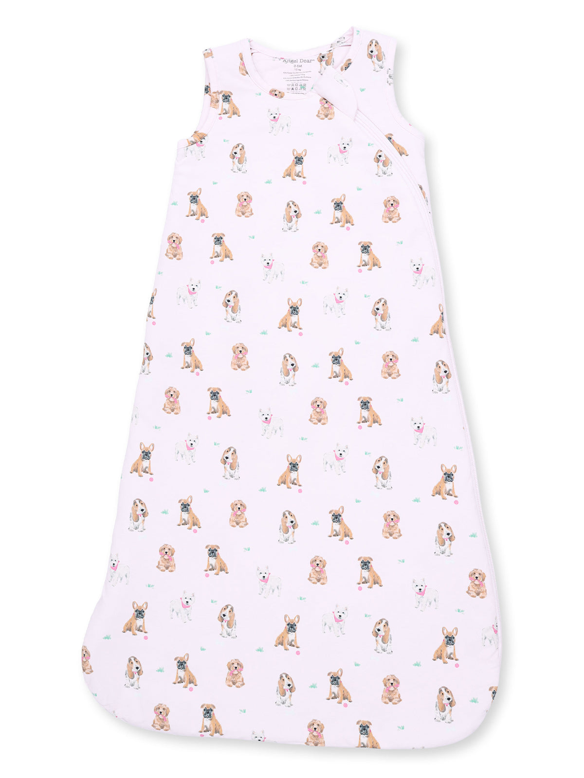 Light pink baby sleep sack with various cartoon dog patterns throughout. Ideal for comfort and safety.