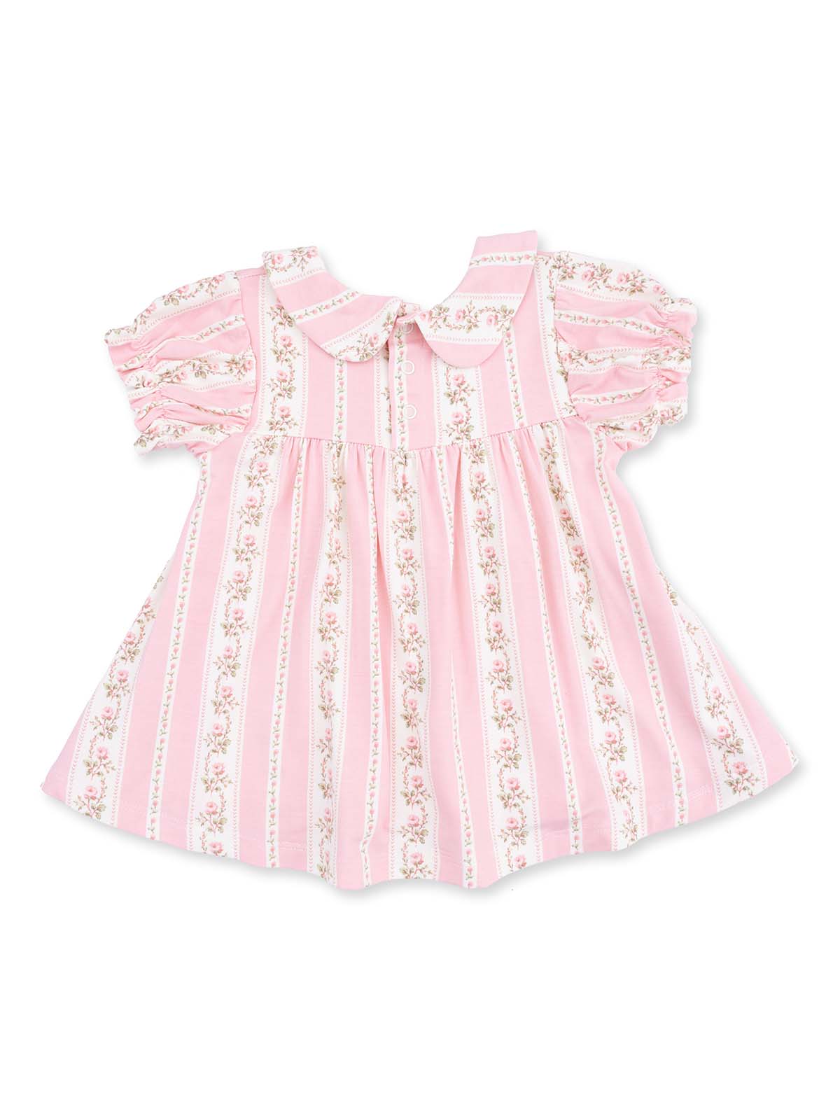 Pink striped dress with floral accents and puff sleeves, featuring a Peter Pan collar and button details.