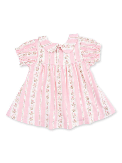 Pink striped dress with floral accents and puff sleeves, featuring a Peter Pan collar and button details.