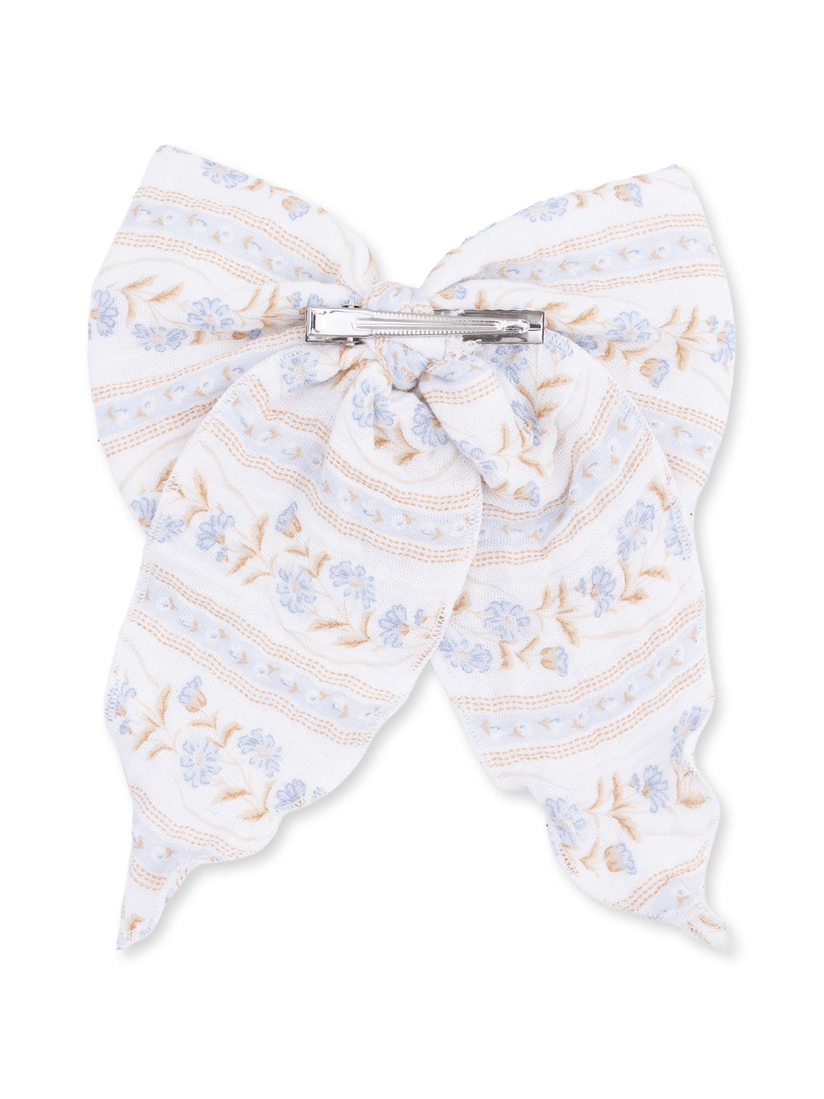 White fabric bow with light blue flowers and stripes, attached with a silver clip.