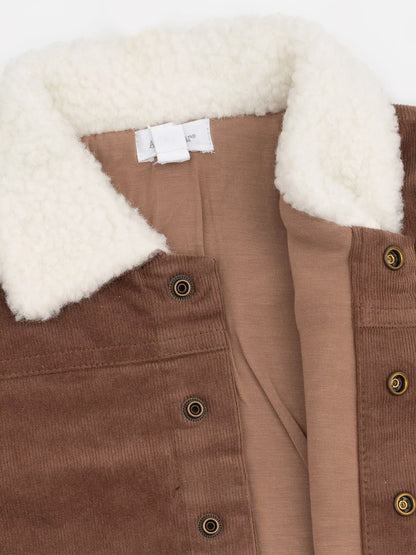 Brown corduroy jacket with a fluffy white collar, featuring snap buttons and a soft inner lining.