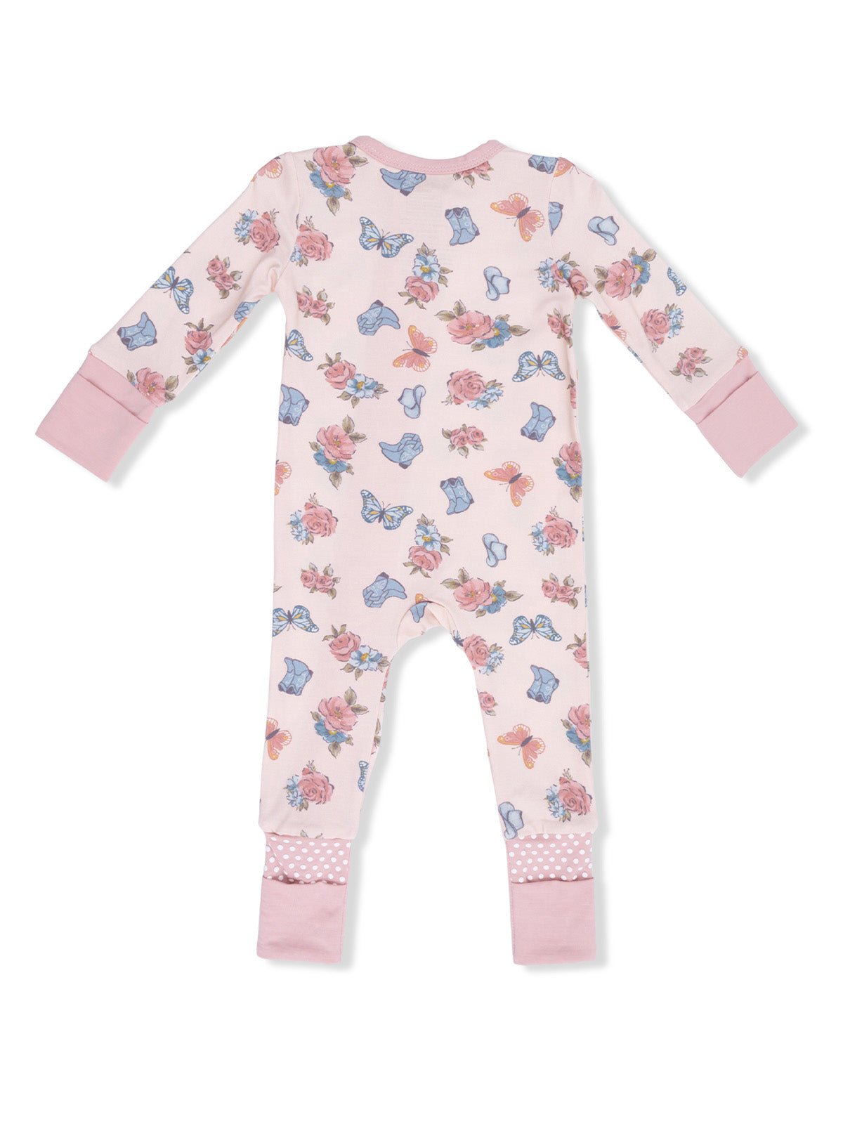 Pink baby pajamas with floral and butterfly patterns, featuring long sleeves and polka dot cuffs.