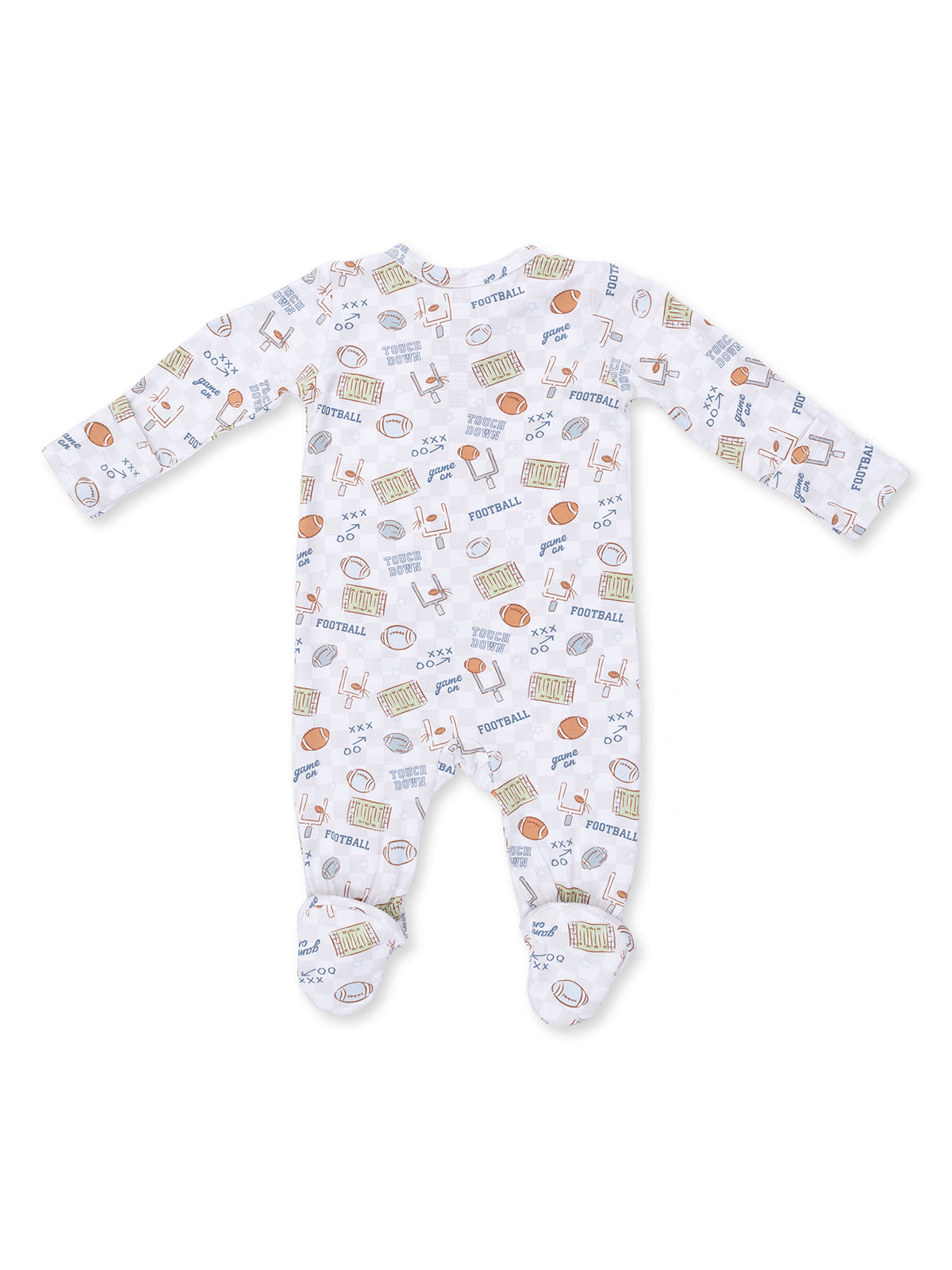 White baby onesie with a football theme pattern, featuring various sports elements and playful graphics.