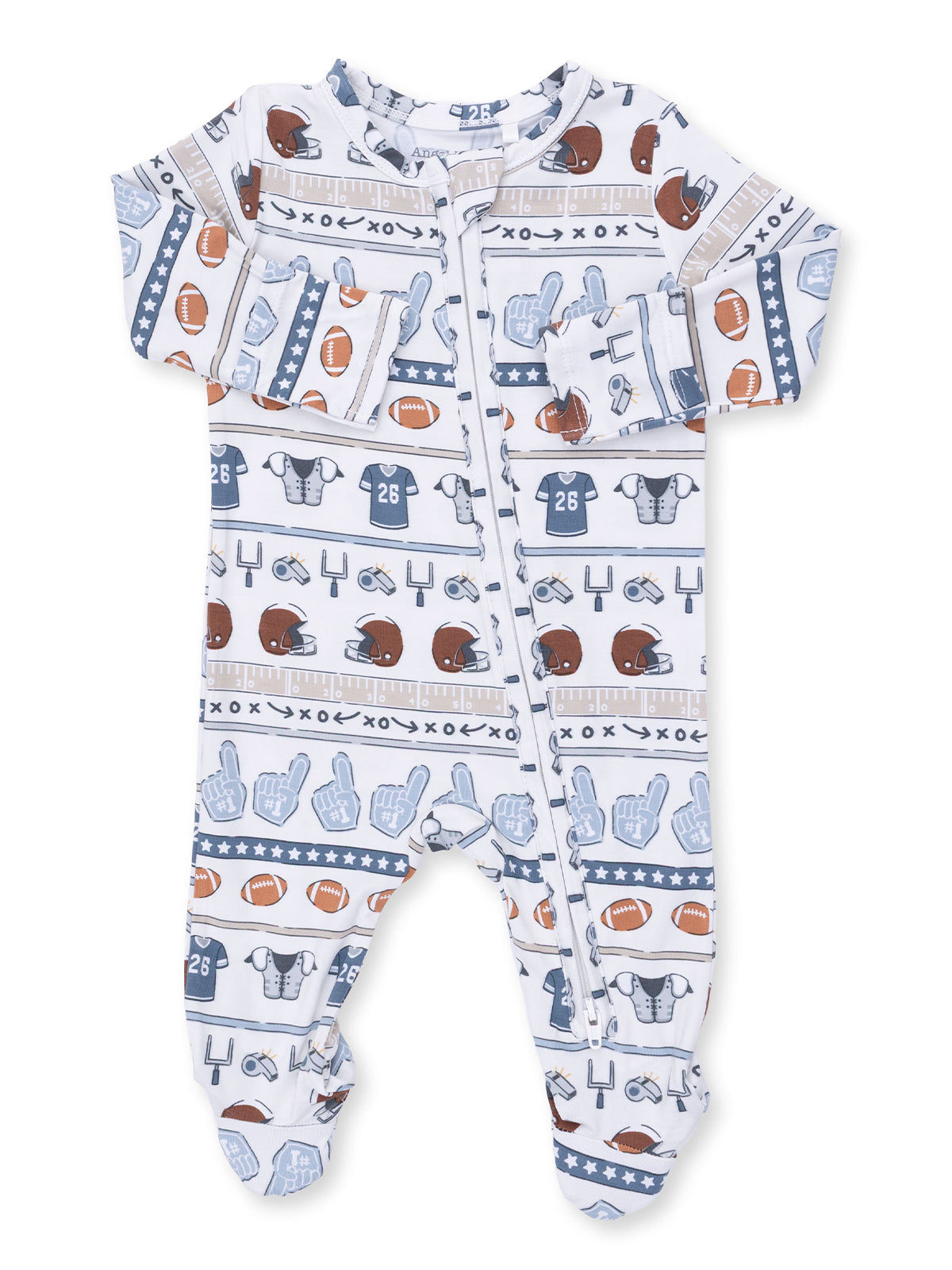 Baby onesie featuring a fun sports-themed pattern with footballs, jerseys, and playful graphics. Perfect for little fans.