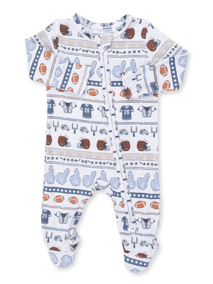 Baby onesie featuring a fun sports-themed pattern with footballs, jerseys, and playful graphics. Perfect for little fans.