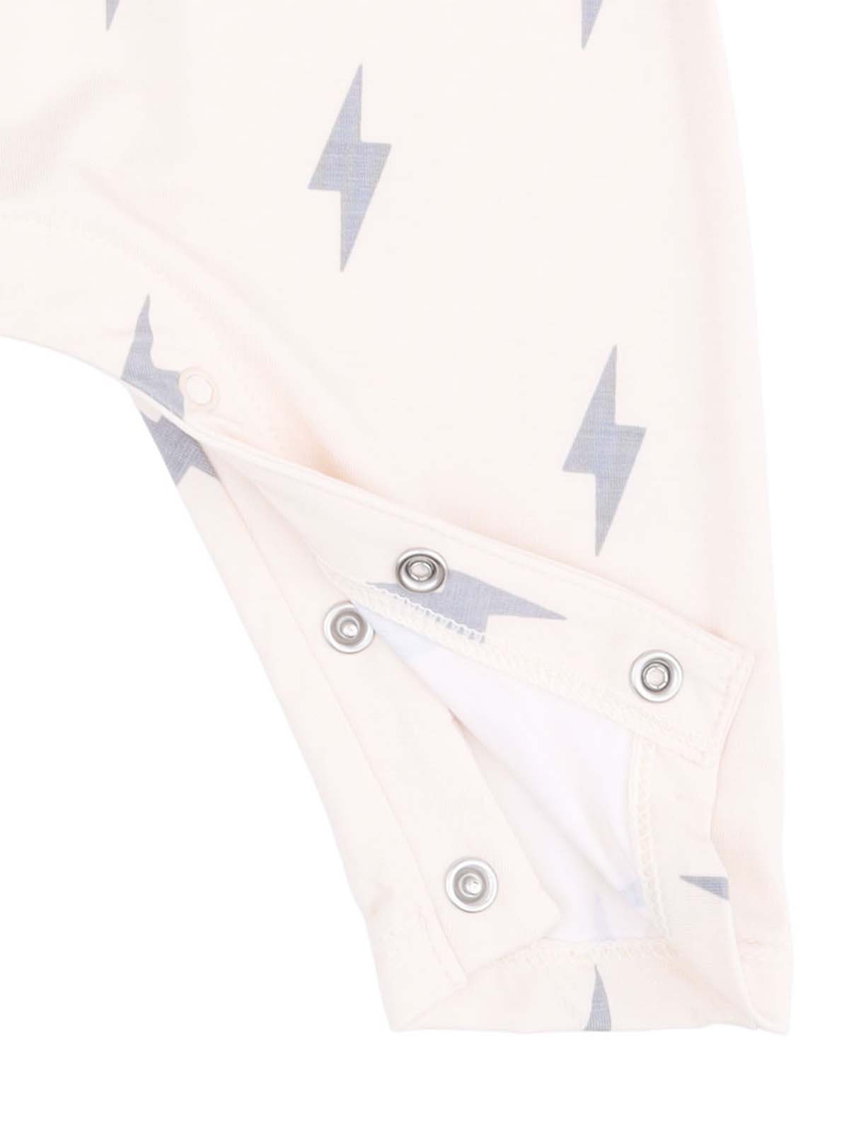 Light pink romper with gray lightning bolt pattern and snap closures at the bottom.