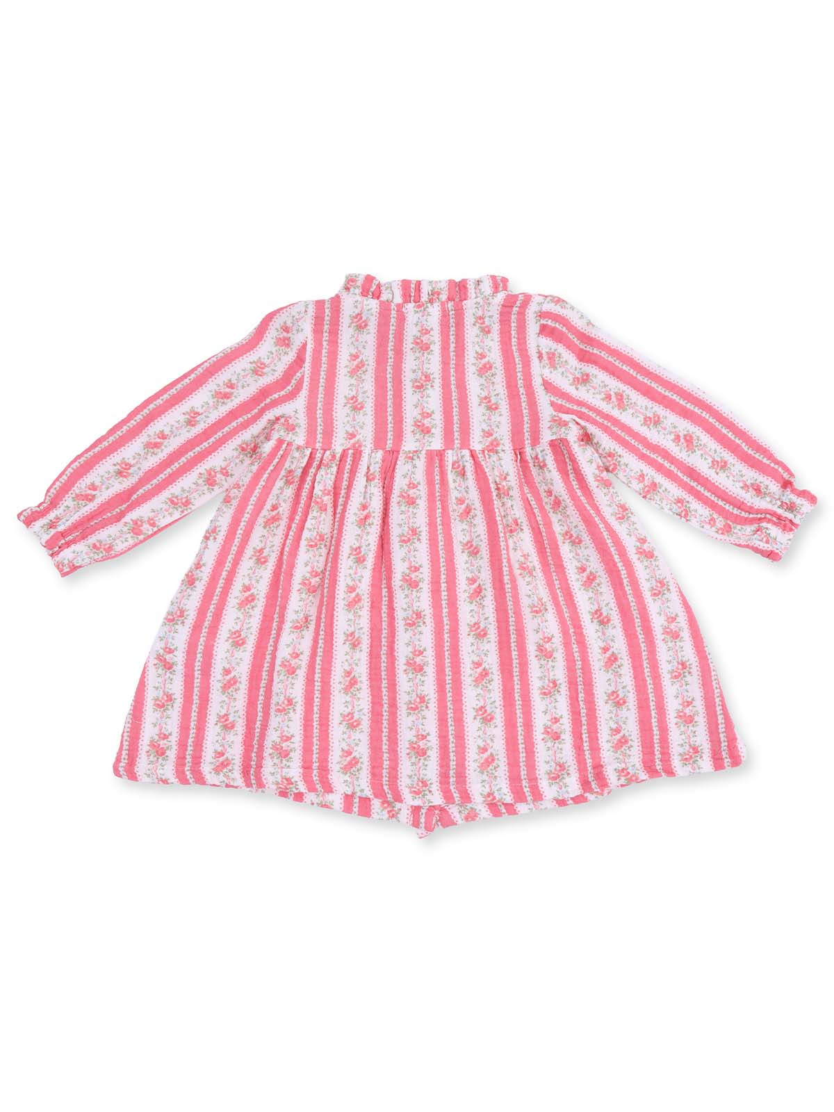 Pink and white striped dress with floral print and long sleeves for children.