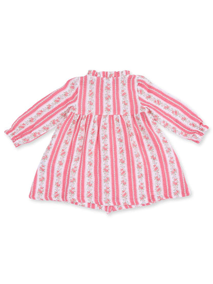 Pink and white striped dress with floral print and long sleeves for children.