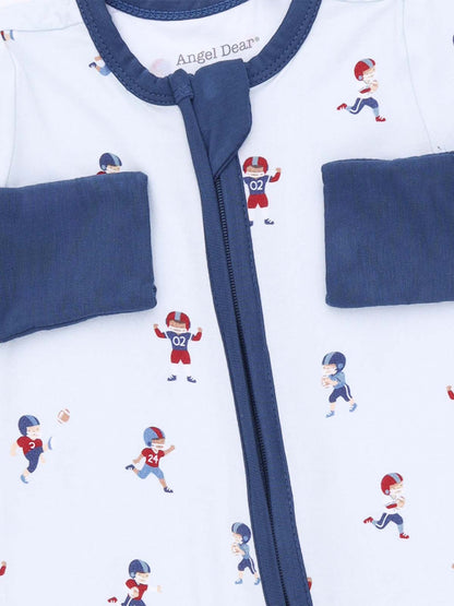 Children's sleep sack with playful football player patterns in blue and white, featuring a front zipper closure.